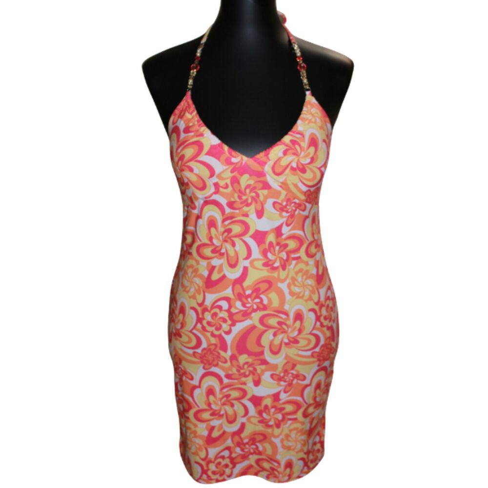 Pink Orange Floral Beaded Halter Mini Dress S